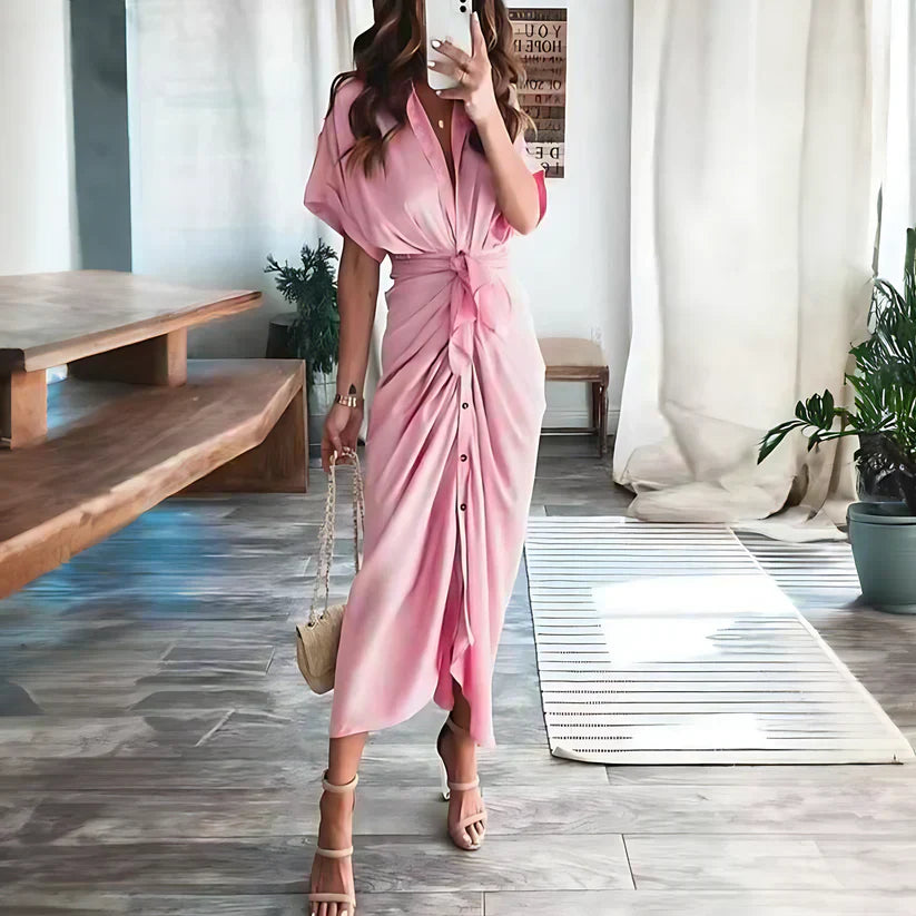Vestido camisero largo fruncido para mujer con lazo en la cintura y botones en la parte delantera