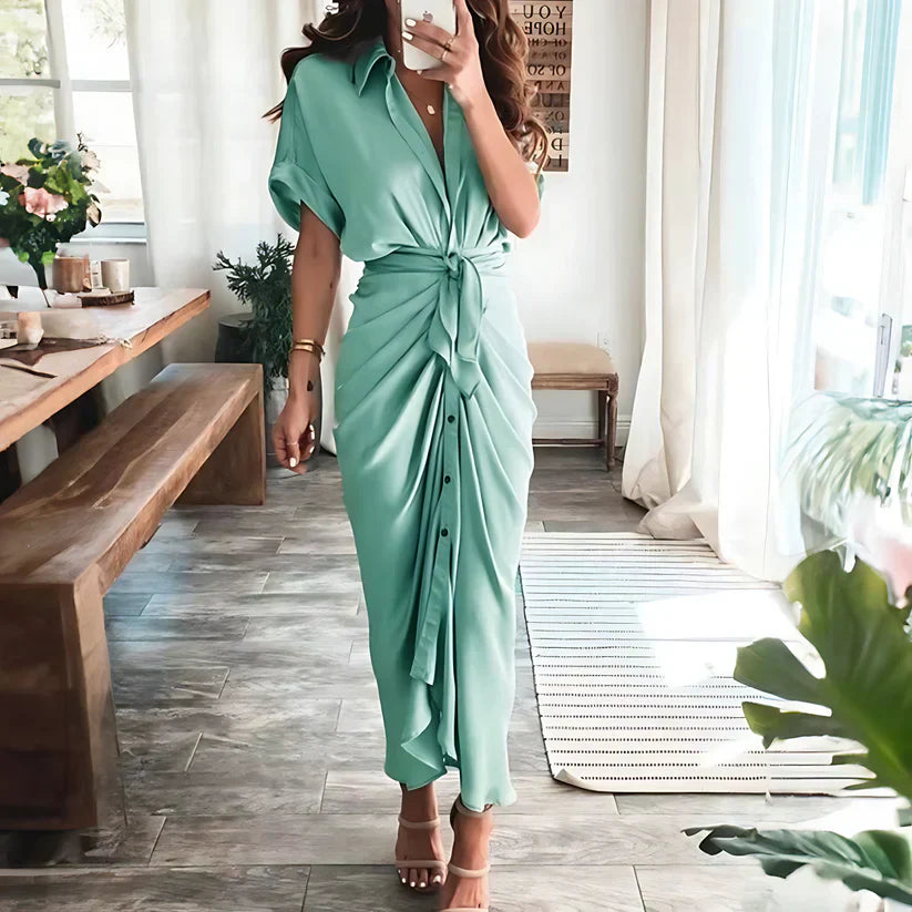 Vestido camisero largo fruncido para mujer con lazo en la cintura y botones en la parte delantera