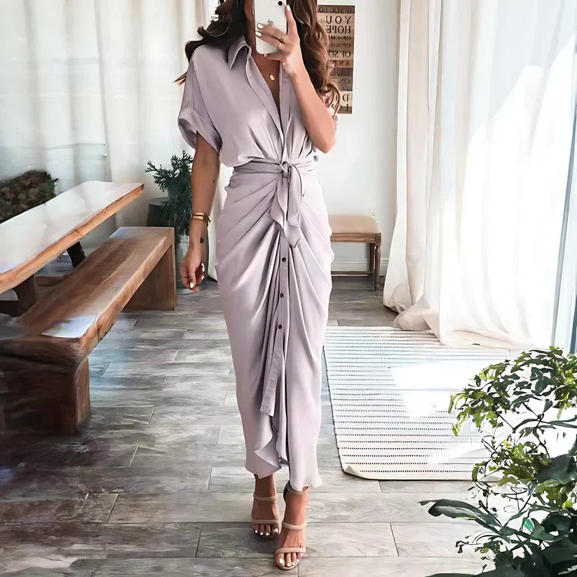 Vestido camisero largo fruncido para mujer con lazo en la cintura y botones en la parte delantera
