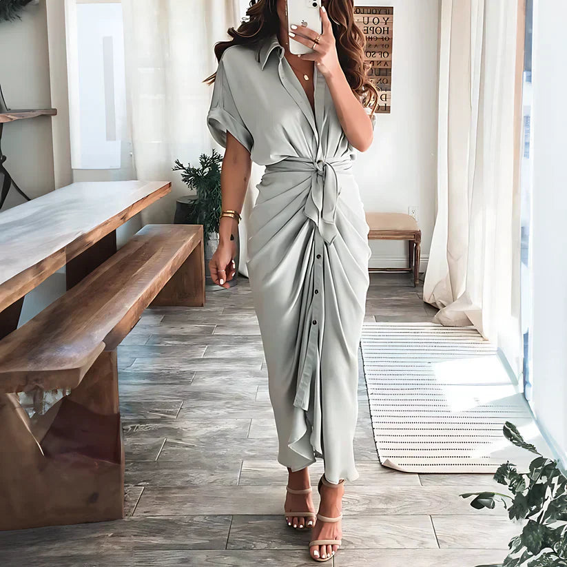 Vestido camisero largo fruncido para mujer con lazo en la cintura y botones en la parte delantera