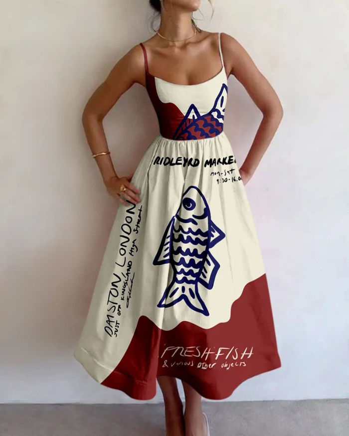 Vestido largo sin mangas para mujer con estampado abstracto de peces