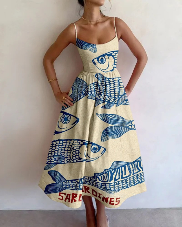 Vestido largo sin mangas para mujer con estampado abstracto de peces