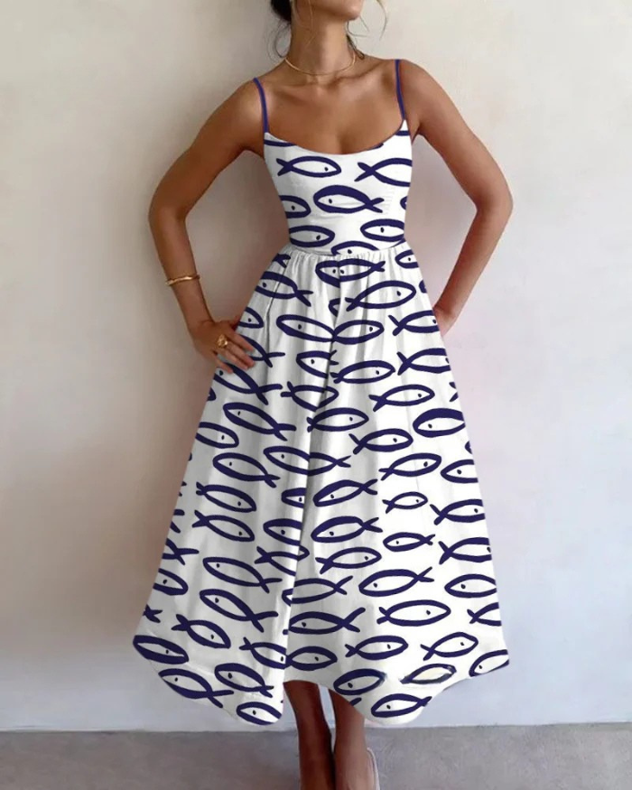 Vestido largo sin mangas para mujer con estampado abstracto de peces