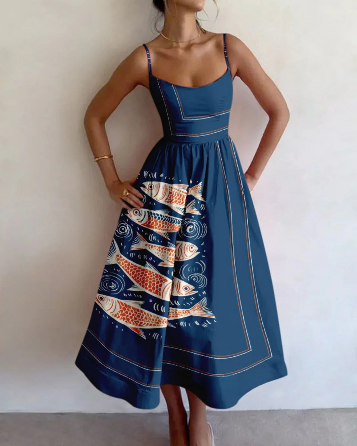 Vestido largo sin mangas para mujer con estampado abstracto de peces