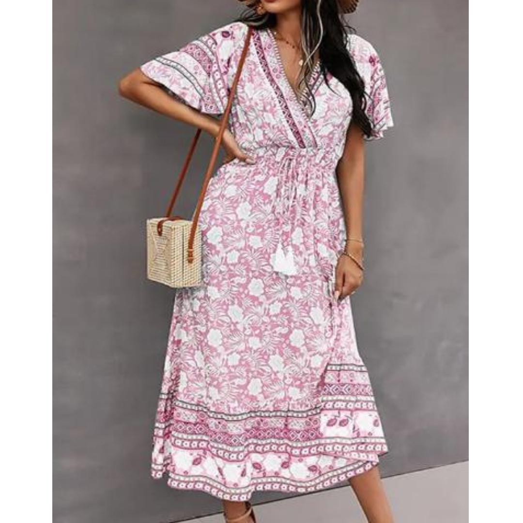 Vestido largo floral para mujer con bolsillos y lazo en la cintura con borlas