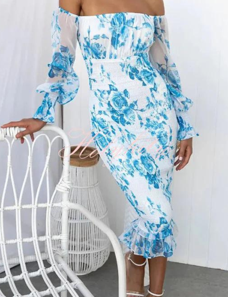 Vestido midi ajustado con hombros descubiertos y mangas abullonadas para mujer