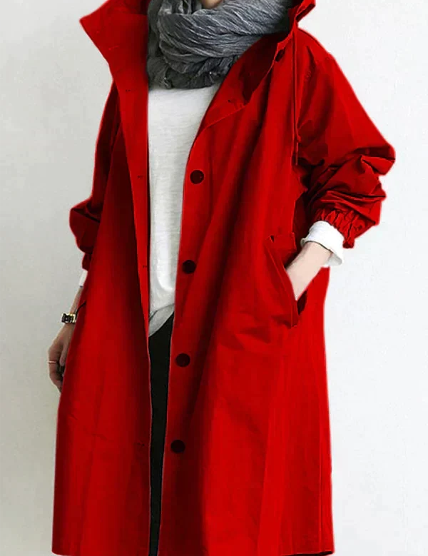Chaqueta impermeable extragrande para mujer con capucha, botones delanteros y bolsillos