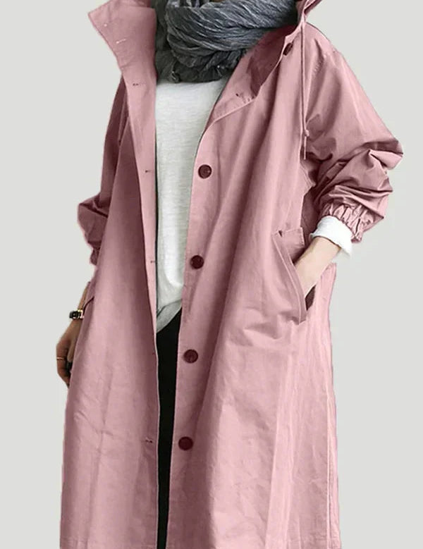 Chaqueta impermeable extragrande para mujer con capucha, botones delanteros y bolsillos