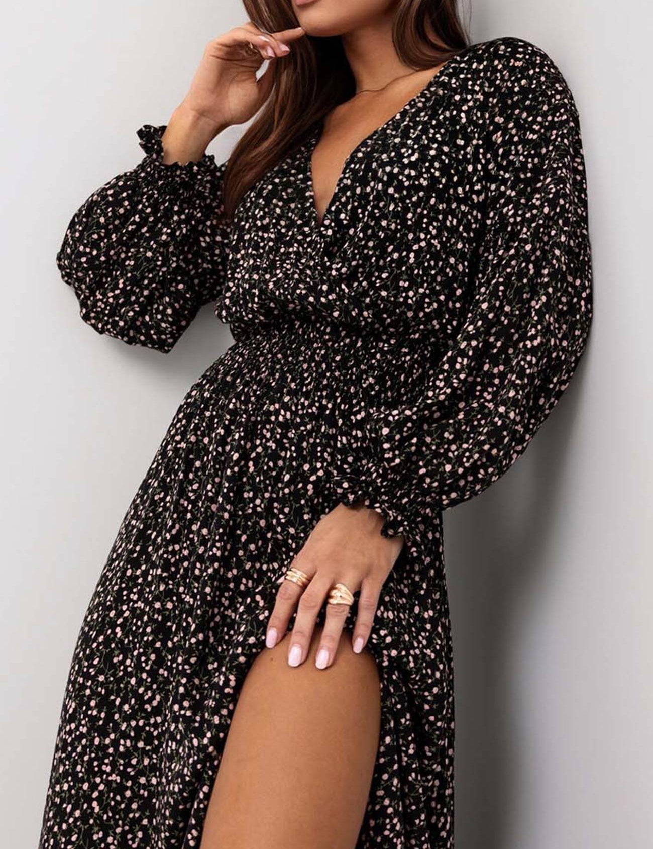 Vestido largo floral con escote en V para mujer, mangas abullonadas y abertura lateral