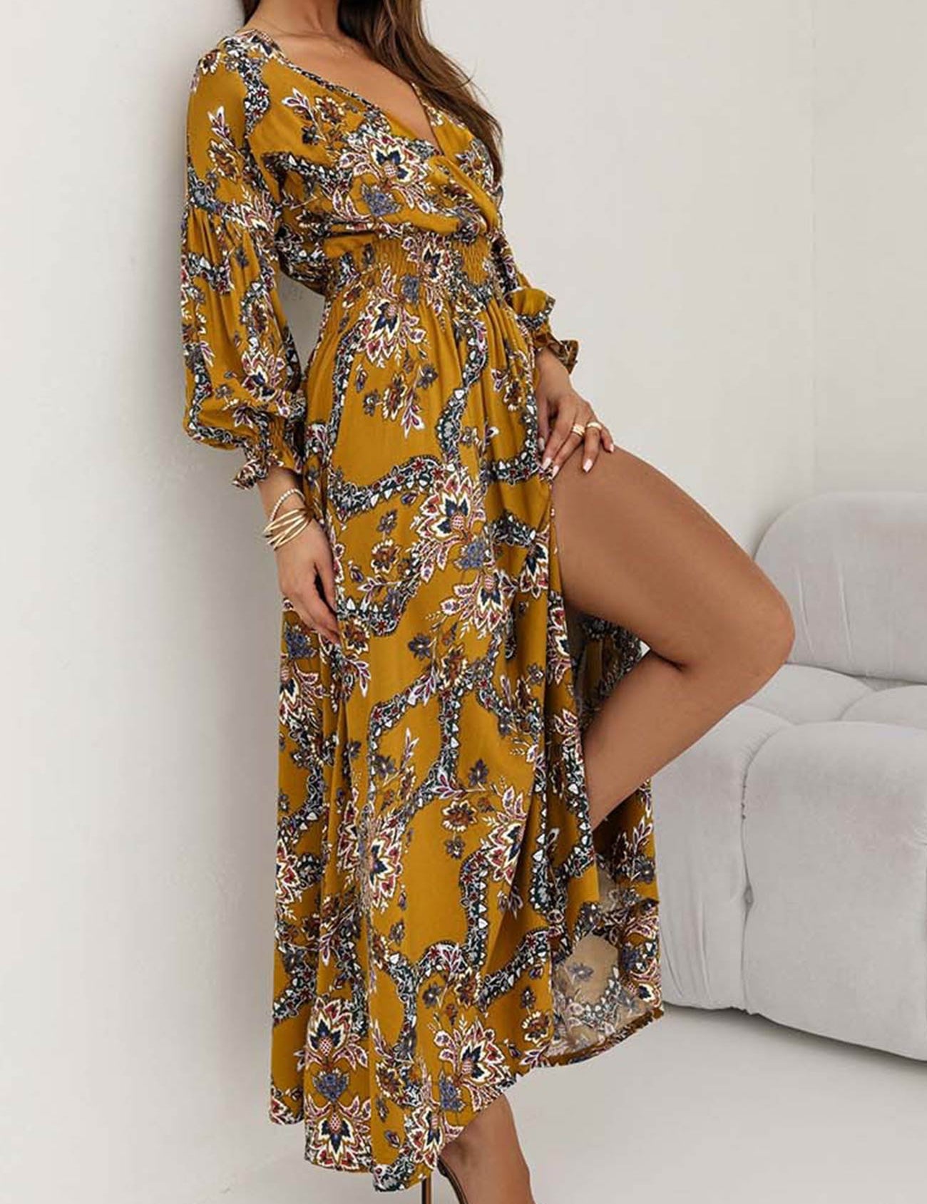 Vestido largo floral con escote en V para mujer, mangas abullonadas y abertura lateral