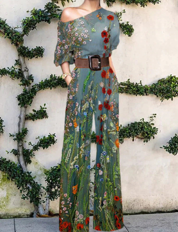 Mono de pierna ancha con un hombro descubierto para mujer con diseño de estampado artístico