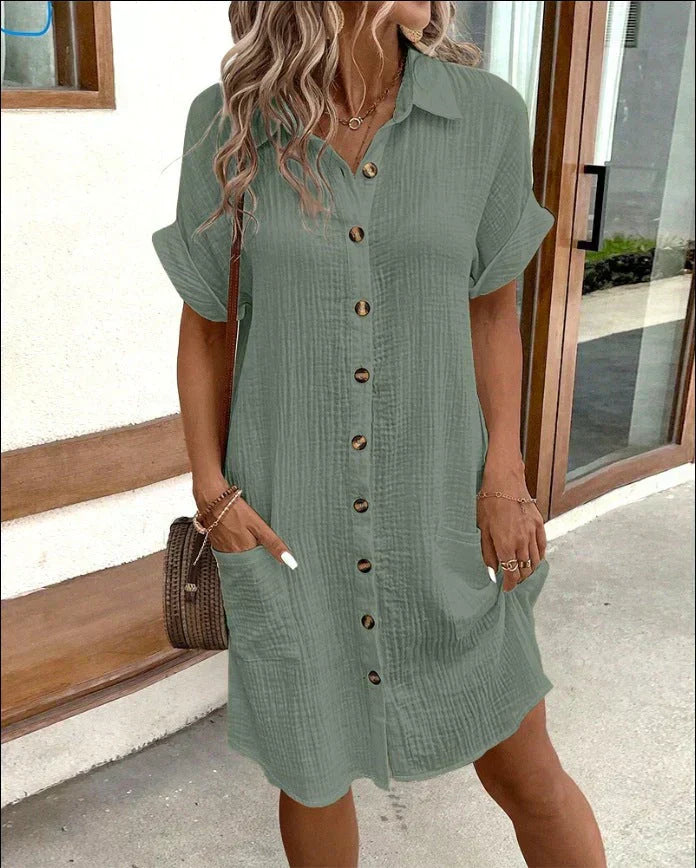 Women's Button-Down Short Sleeve Shirt Dress with Front Pockets
