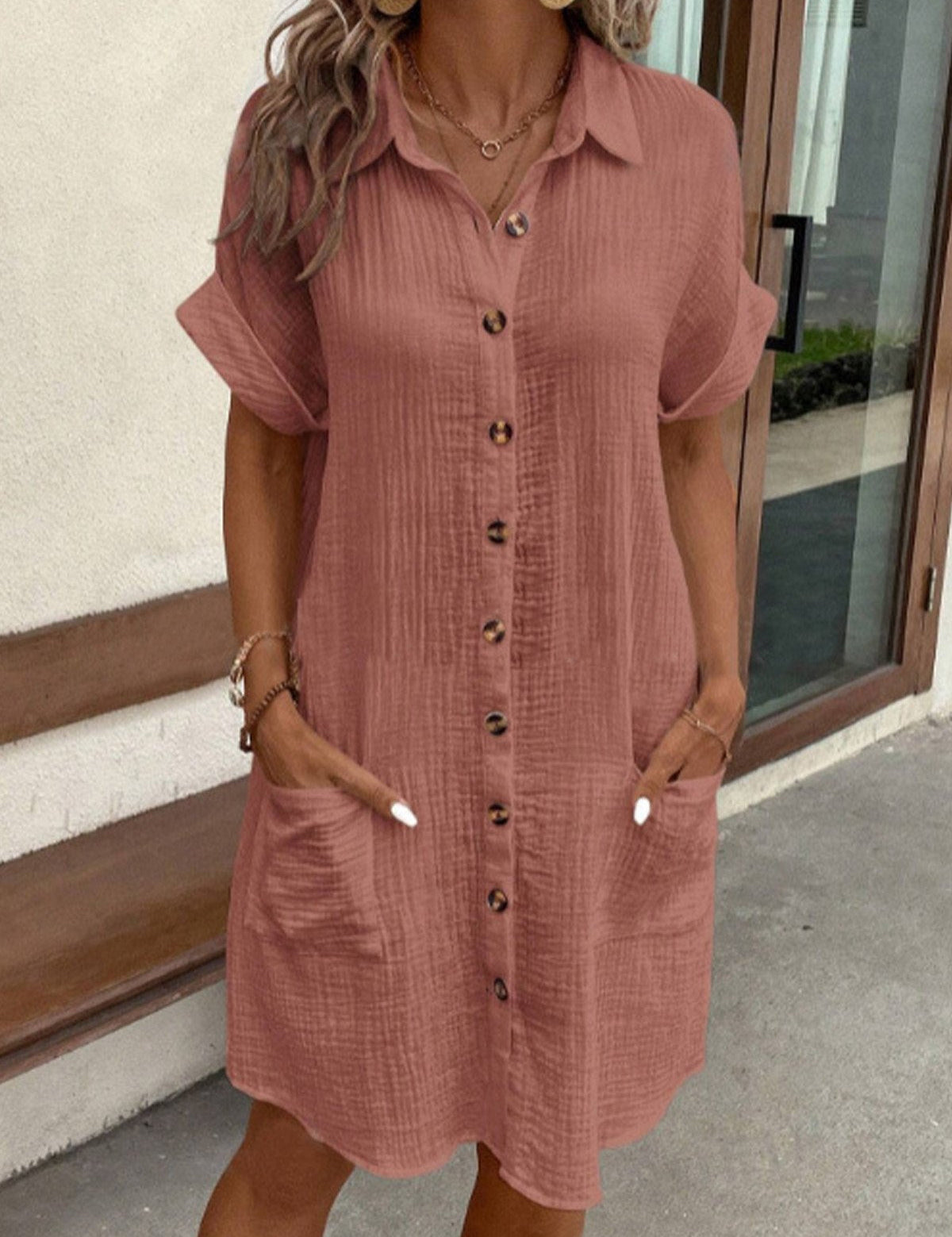 Women's Button-Down Short Sleeve Shirt Dress with Front Pockets
