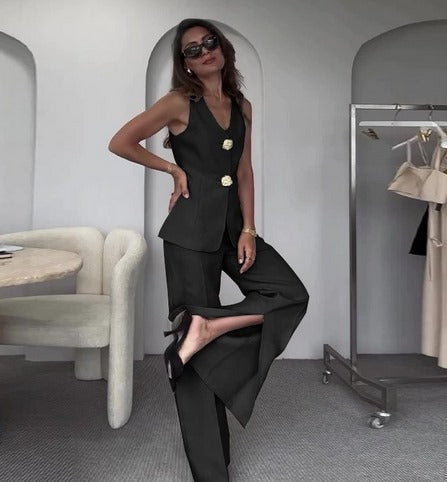 Conjunto de traje de dos piezas para mujer con blazer sin mangas y pantalones anchos