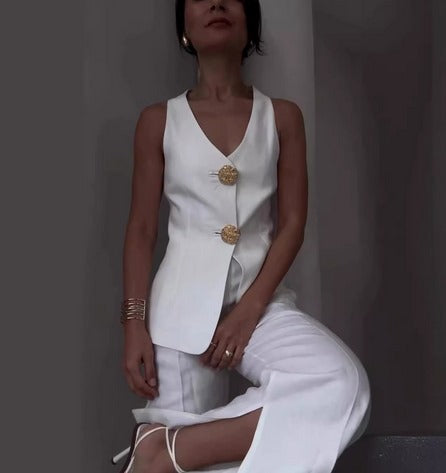 Conjunto de traje de dos piezas para mujer con blazer sin mangas y pantalones anchos