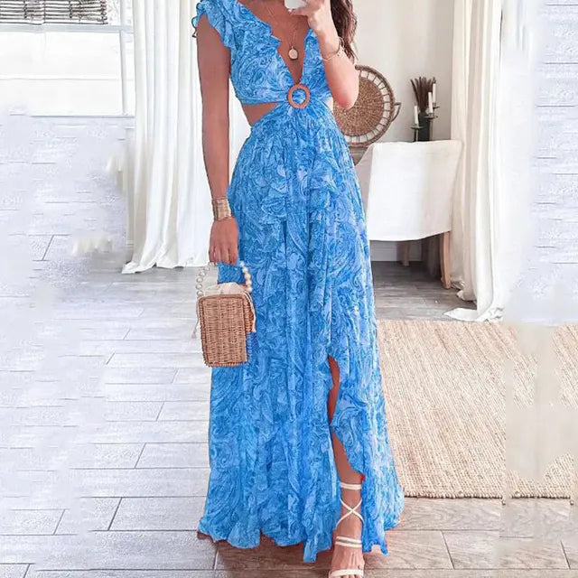 Vestido largo floral con cuello en V para mujer
