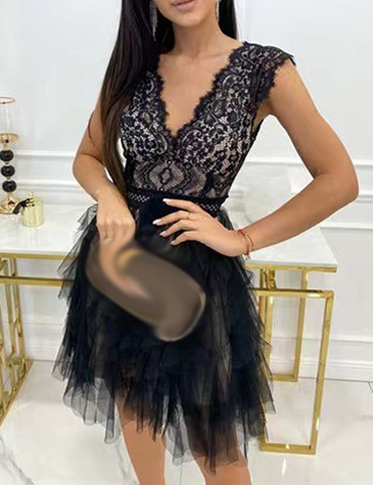 Vestido de fiesta de tul con volantes y corpiño de encaje para mujer