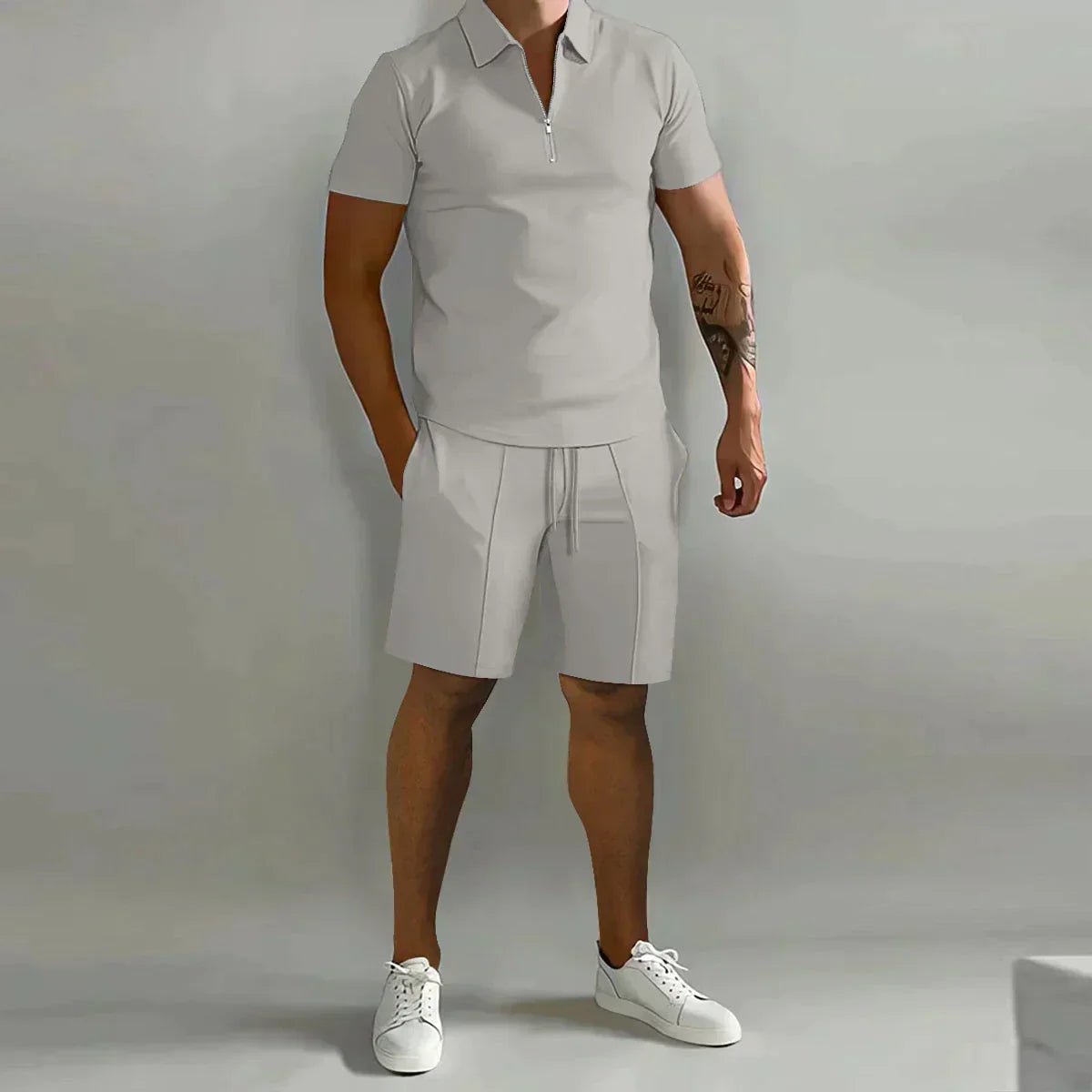 Conjunto de verano de dos piezas para hombre con polo con cremallera y pantalones cortos