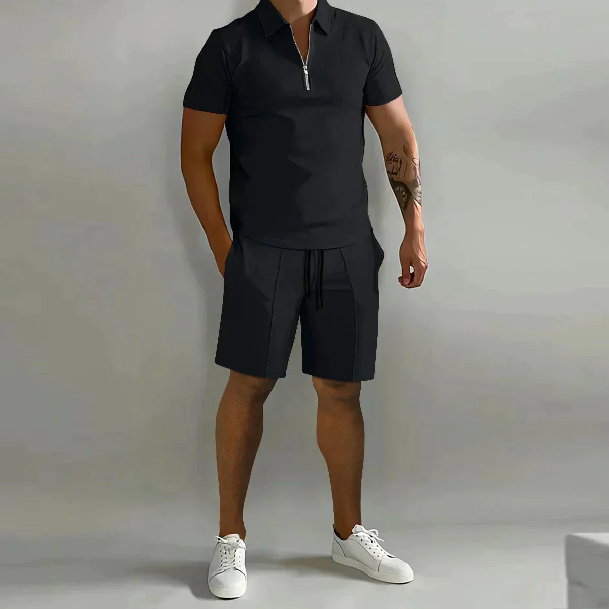 Conjunto de verano de dos piezas para hombre con polo con cremallera y pantalones cortos