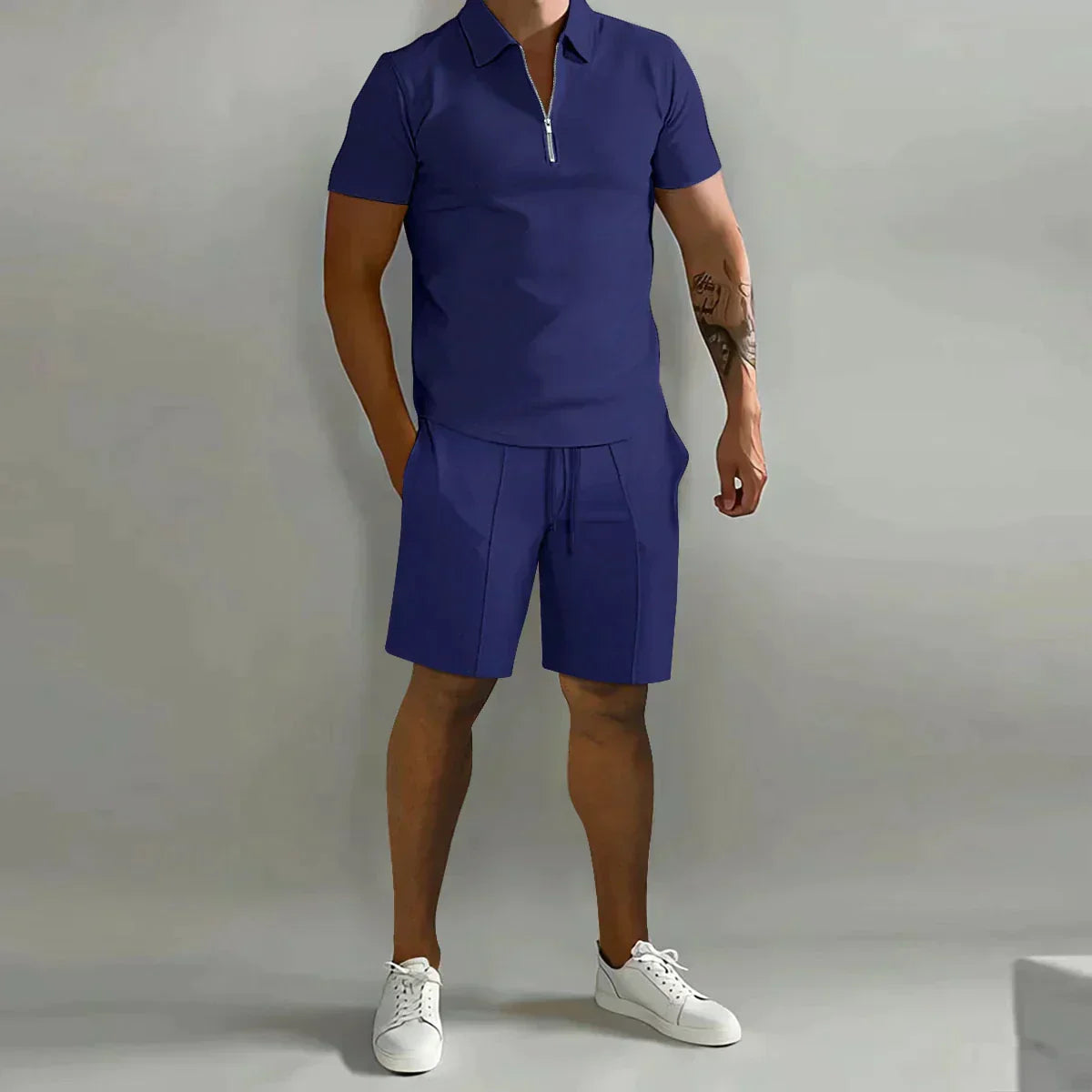 Conjunto de verano de dos piezas para hombre con polo con cremallera y pantalones cortos