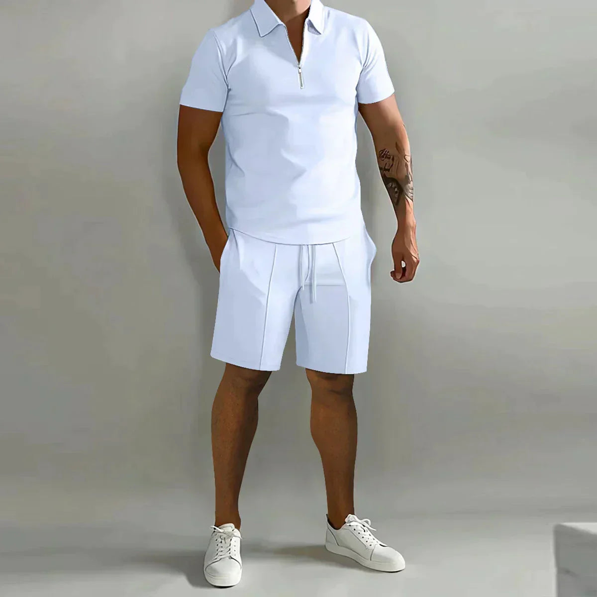 Conjunto de verano de dos piezas para hombre con polo con cremallera y pantalones cortos