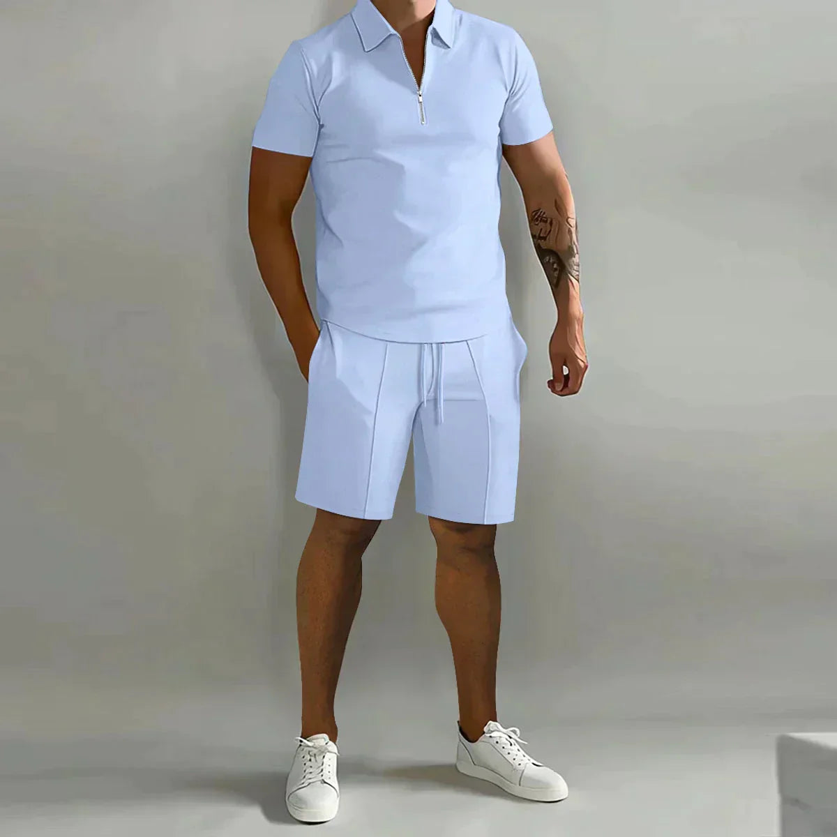 Conjunto de verano de dos piezas para hombre con polo con cremallera y pantalones cortos