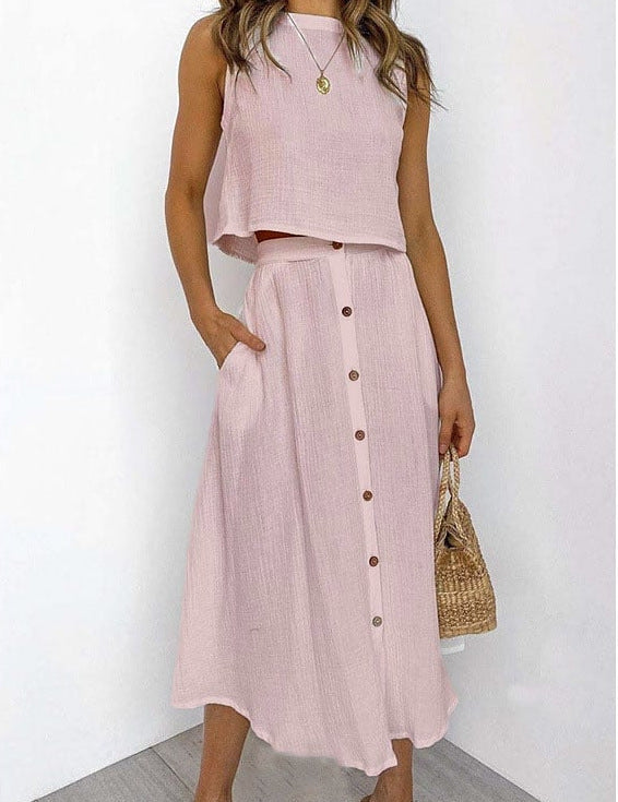 Conjunto de dos piezas de falda con botones para mujer, top sin mangas y bolsillos