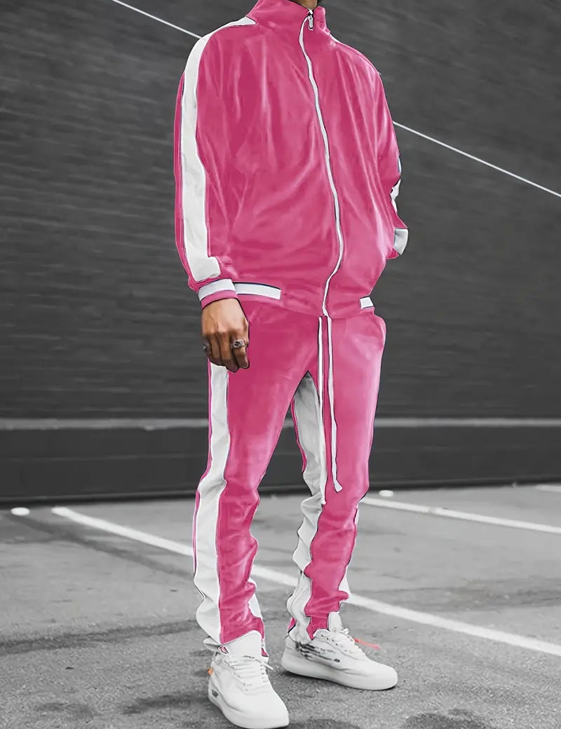 Conjunto deportivo de terciopelo para hombre de 2 piezas con cremallera y cordón