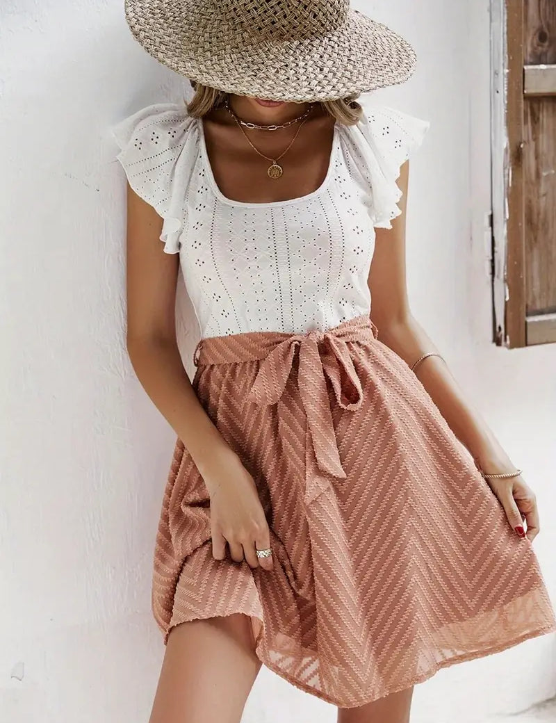 Women's Two-Tone Mini Dress with Eyelet Top and Waist Tie Skirt
