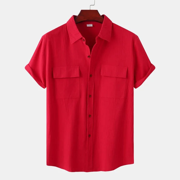 Camisa informal de manga corta para hombre con bolsillos delanteros y cierre de botones