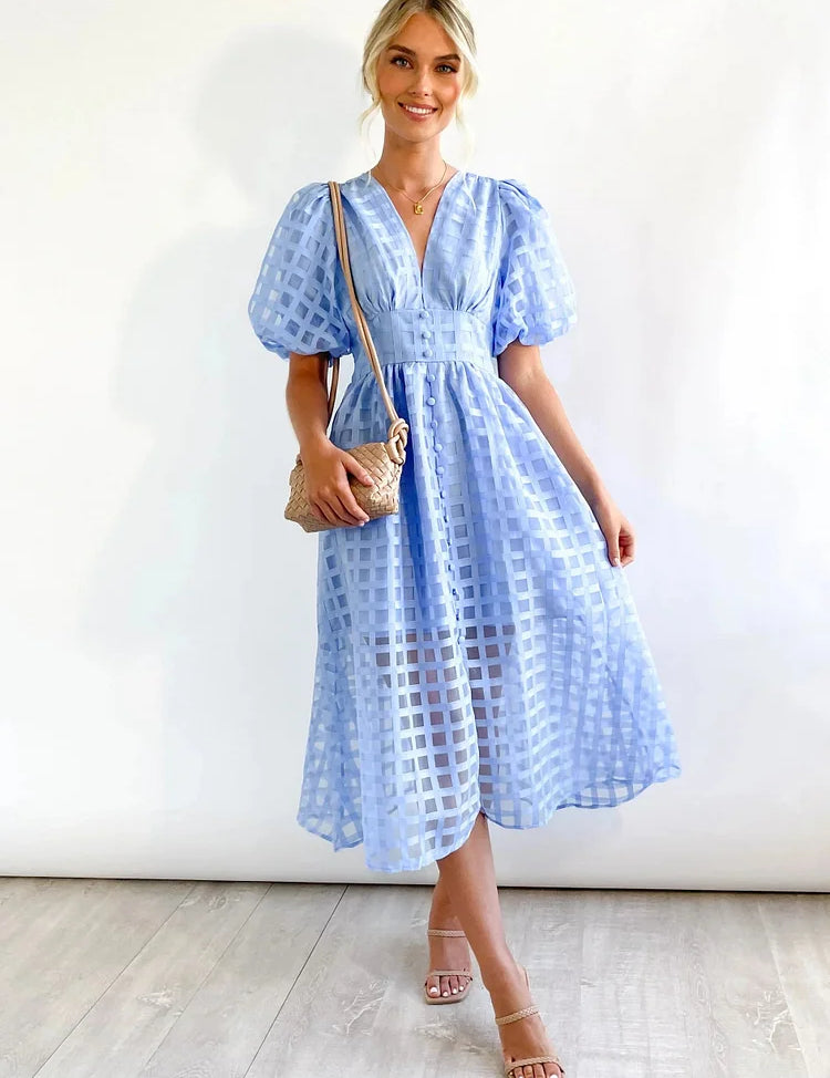 Vestido midi de mujer con mangas abullonadas y estampado de cuadrícula