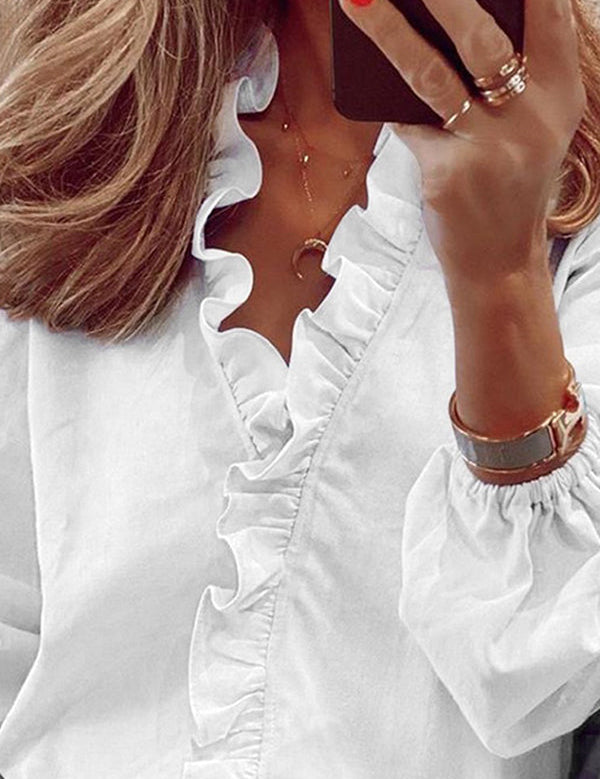 Blusa de manga larga con cuello en V para mujer, ribete de volantes y mangas abullonadas