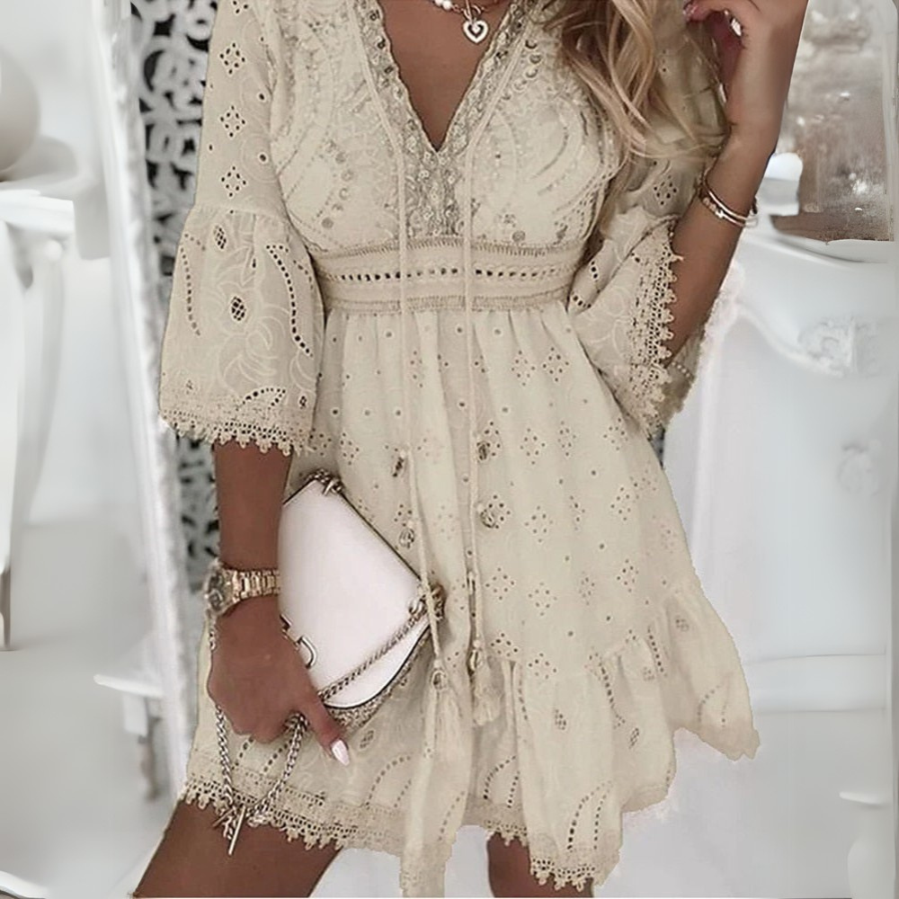 Vestido mini bohemio para mujer con mangas acampanadas y detalles bordados