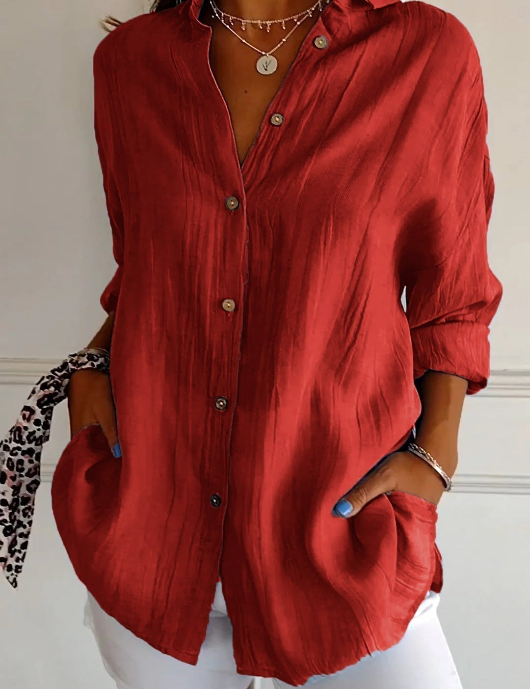 Camisa informal de manga larga con botones para mujer