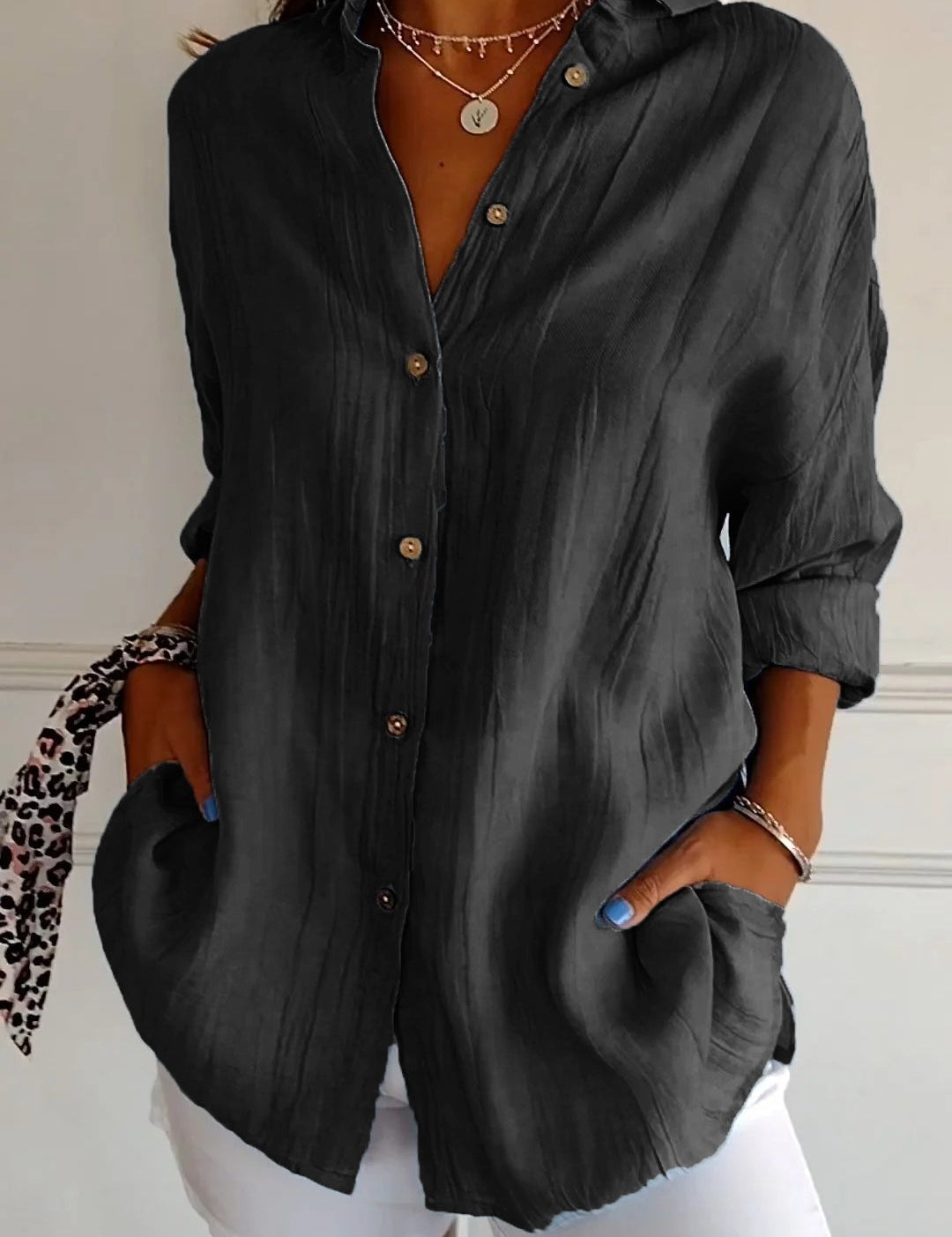 Camisa informal de manga larga con botones para mujer