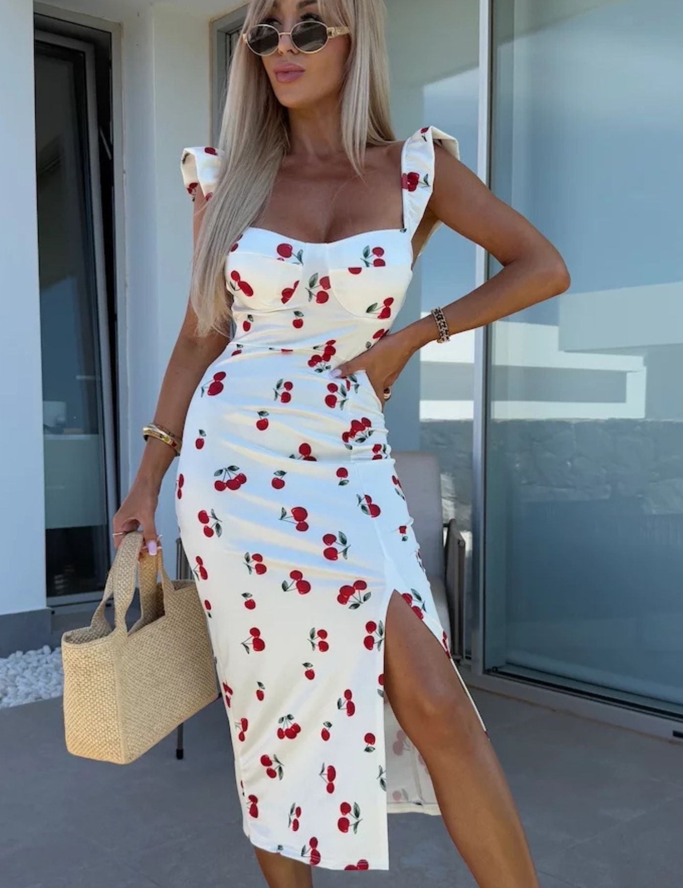 Women's Sleeveless Midi Dress with Side Slit and Ruched Waist