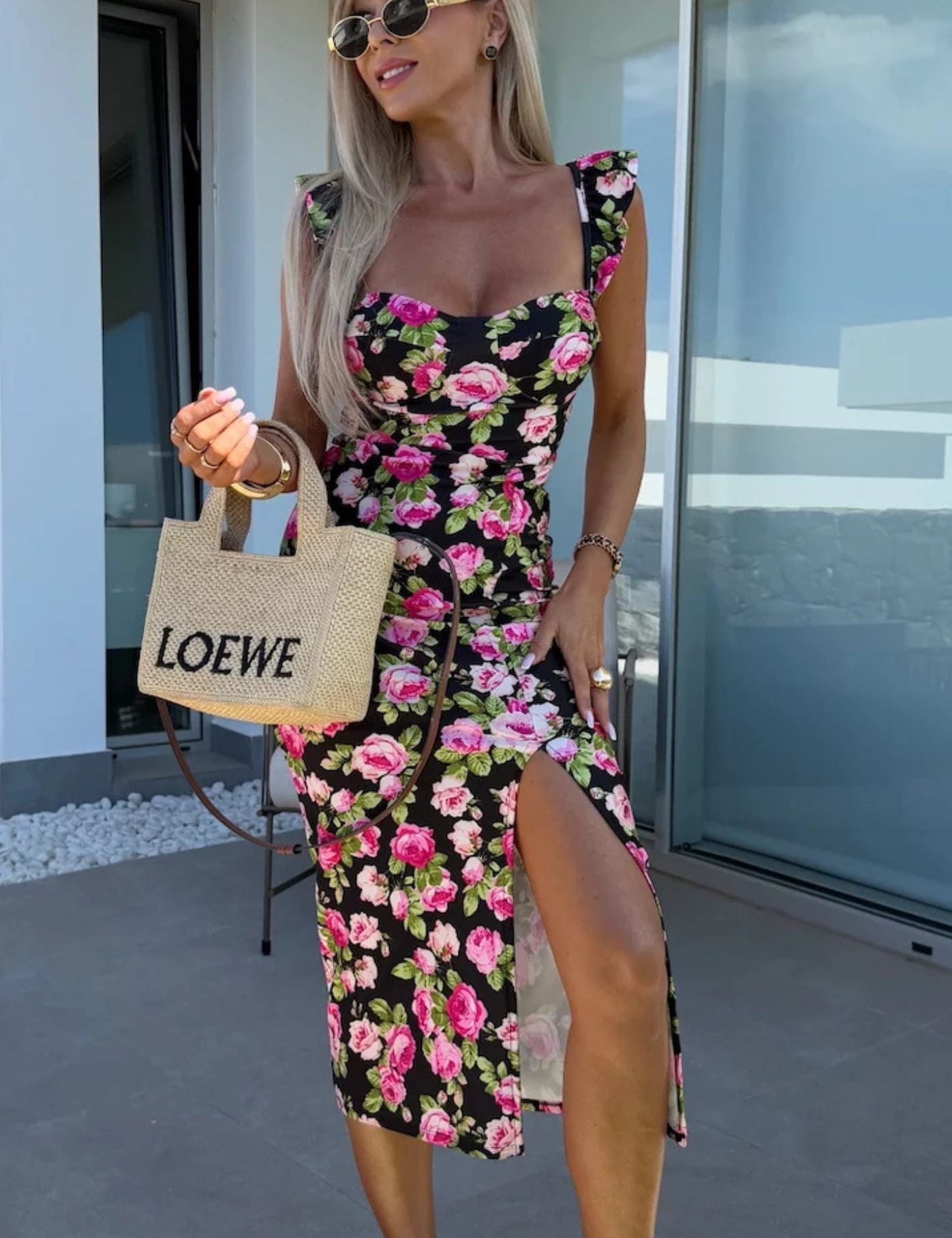 Women's Sleeveless Midi Dress with Side Slit and Ruched Waist