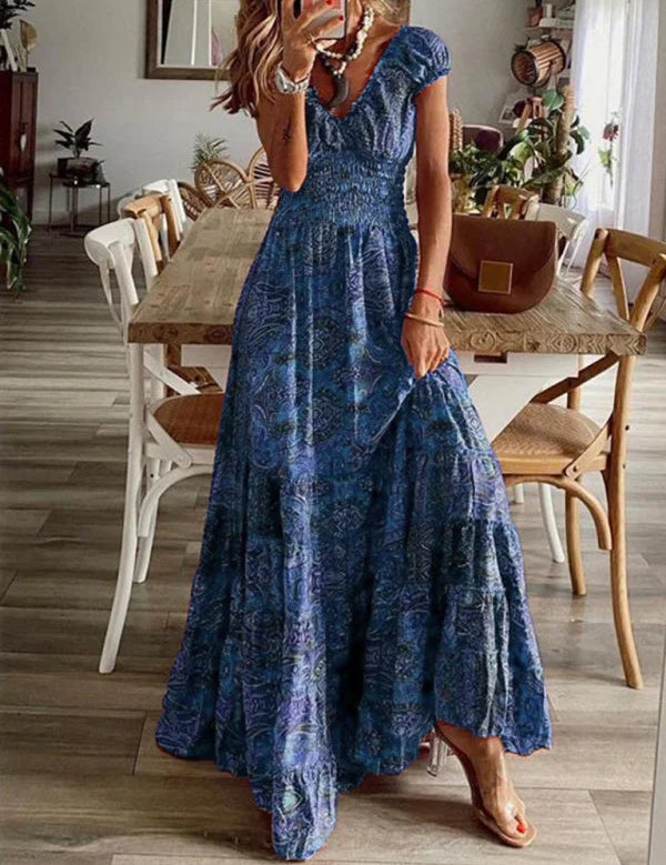 Vestido largo bohemio con mangas escalonadas para mujer