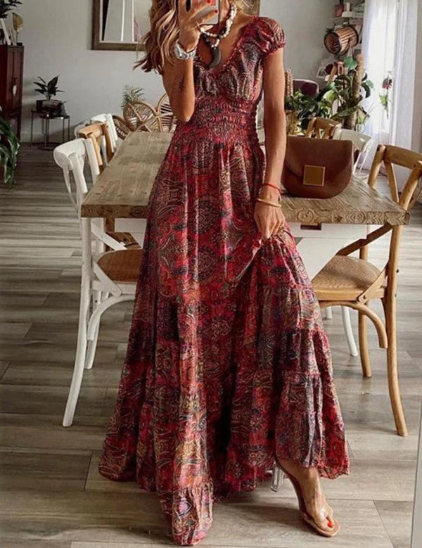 Vestido largo bohemio con mangas escalonadas para mujer