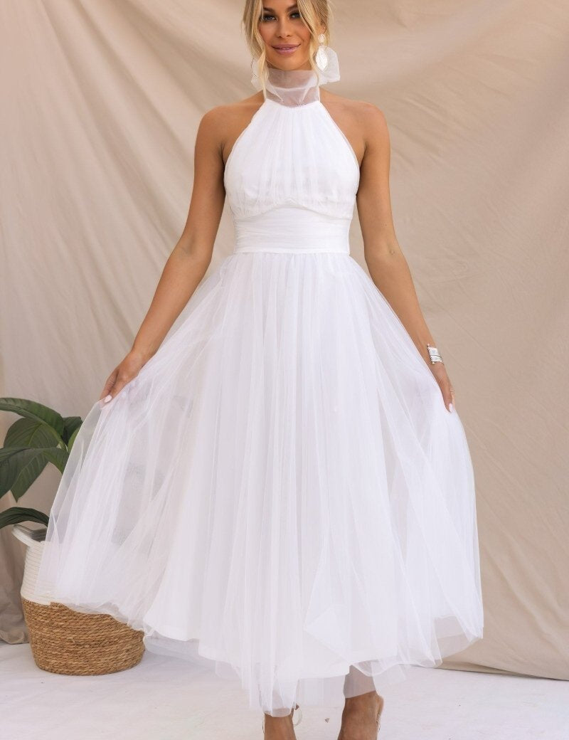 Vestido de tul con cuello halter para mujer, cintura ajustada y falda de largo medio
