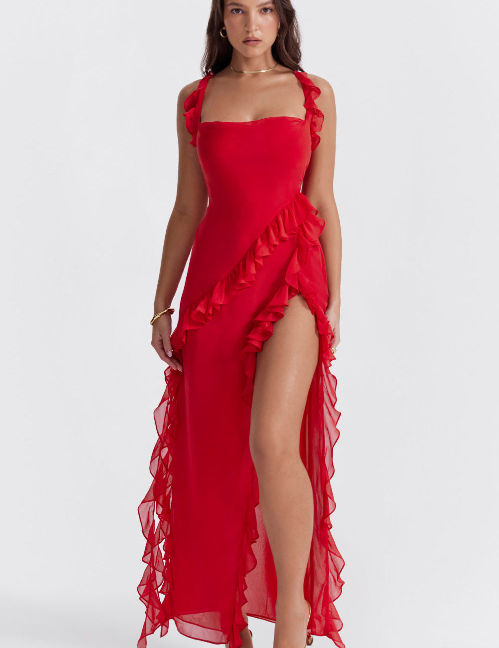 Women's Elegant Ruffle Maxi Dress with Thigh Split