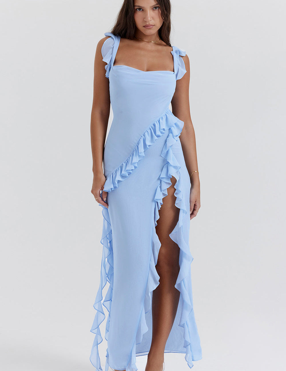 Women's Elegant Ruffle Maxi Dress with Thigh Split