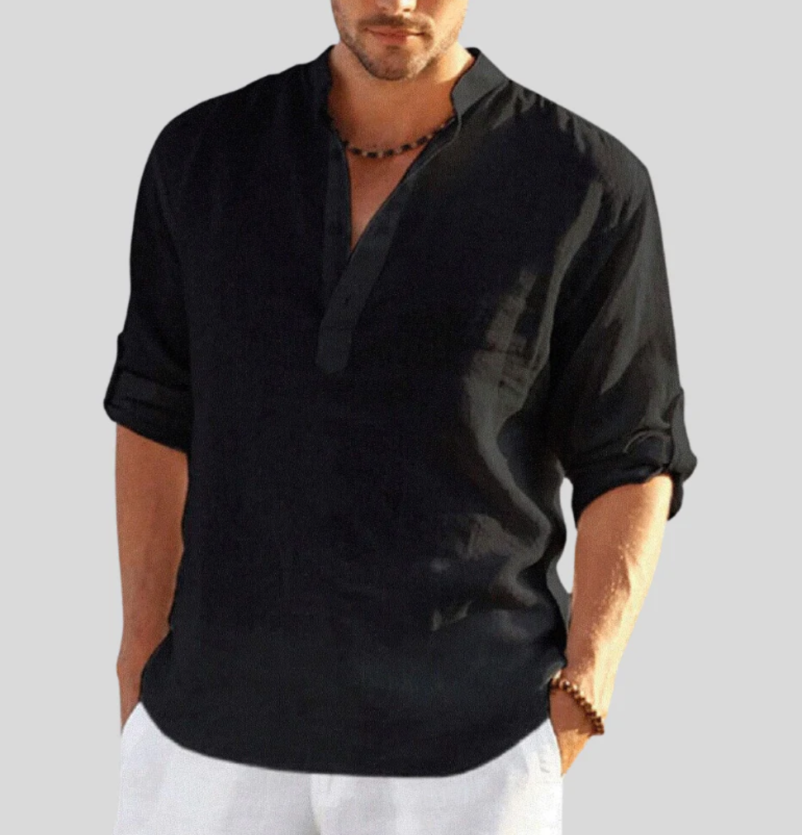 Camisa informal de manga larga para hombre con cuello mandarín y media tapeta