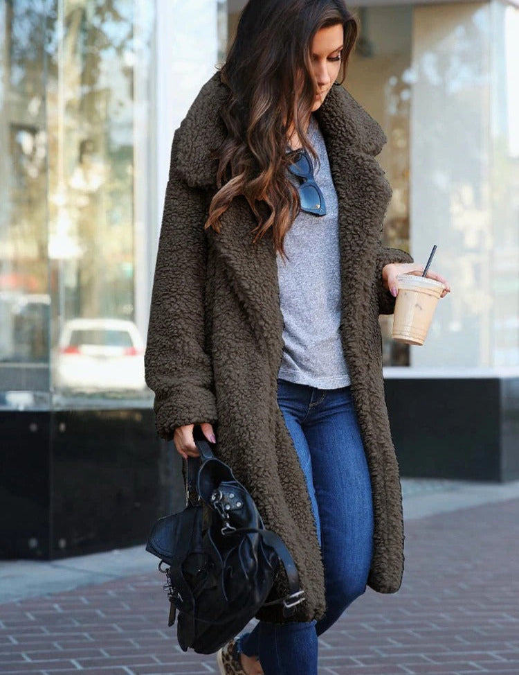 Abrigo largo extragrande de invierno con cuello de solapa para mujer