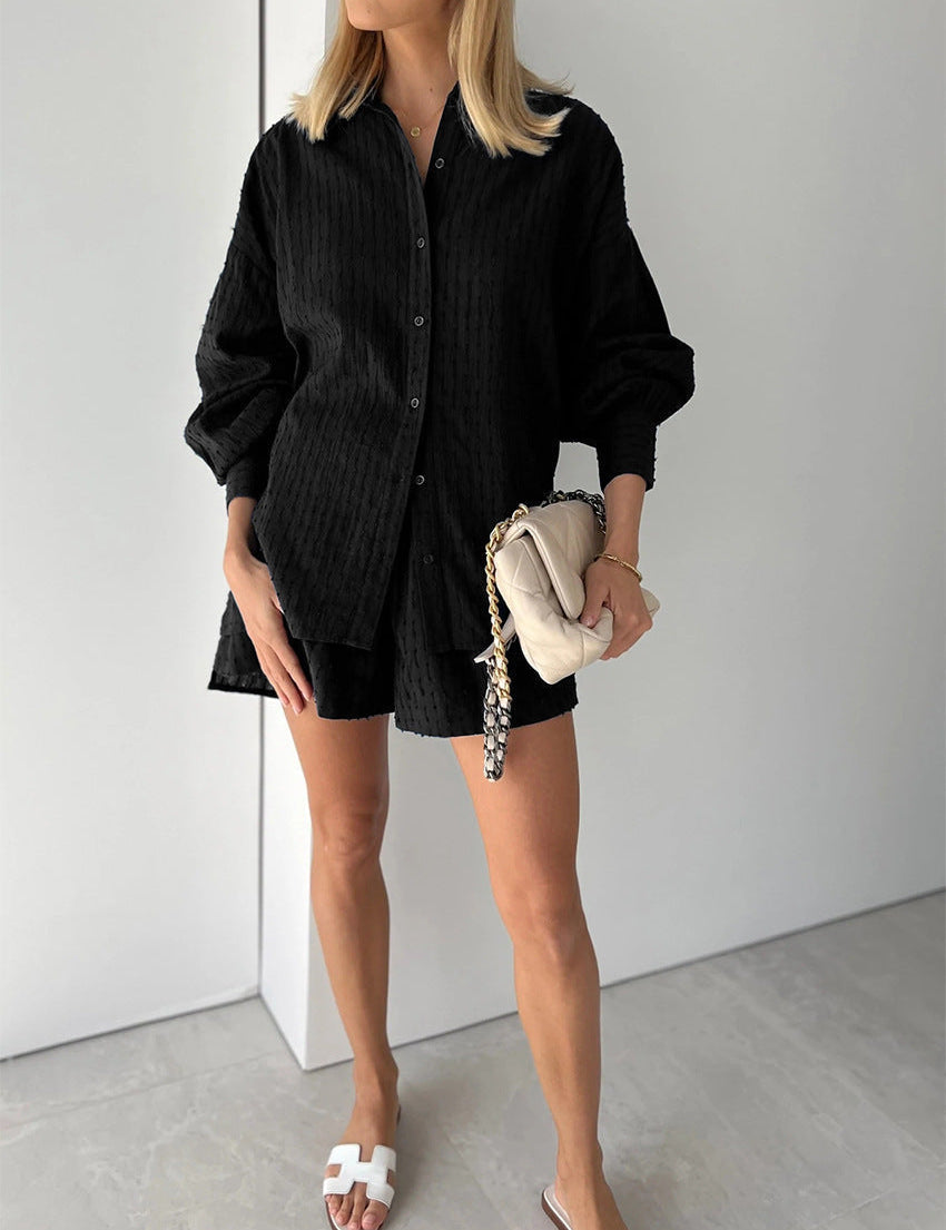 Conjunto de camisa abotonada y pantalones cortos para mujer