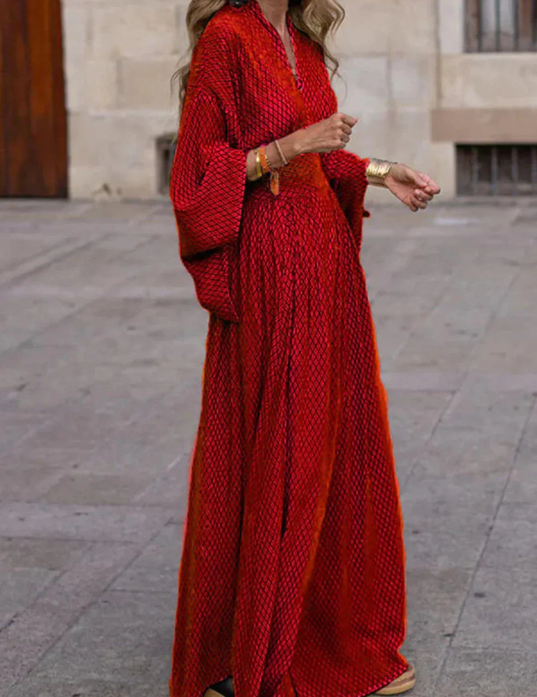 Vestido largo con estampado geométrico para mujer, mangas largas y escote en V