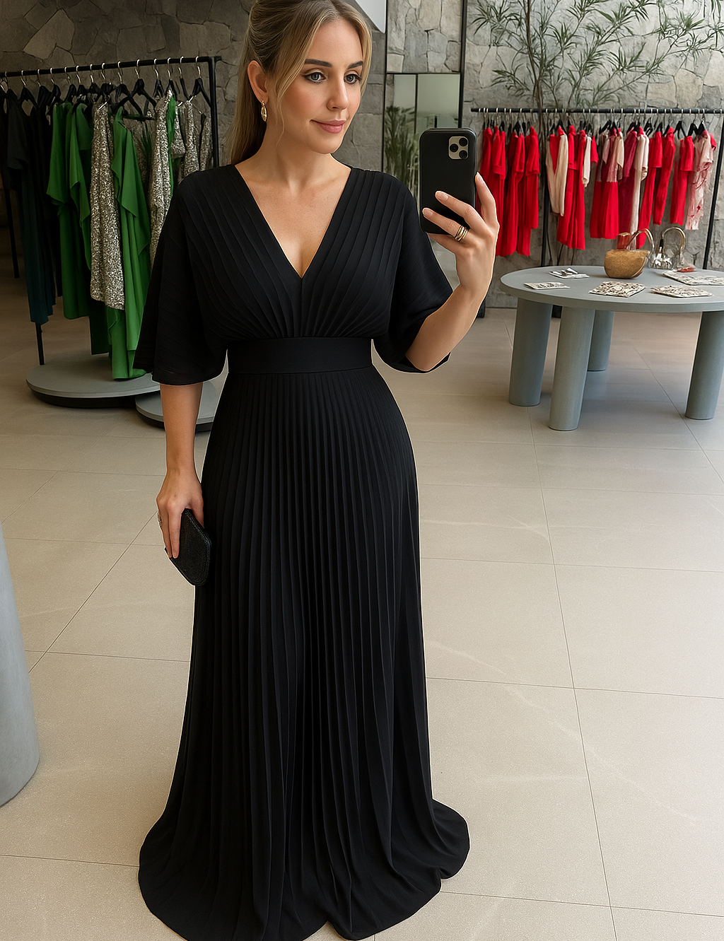 Women’s Elegant Maxi Dress with Pleated Skirt and Wide Sleeves