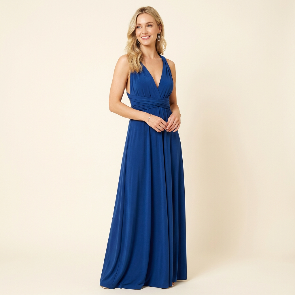 Vestido largo elegante con cuello halter y espalda descubierta para mujer