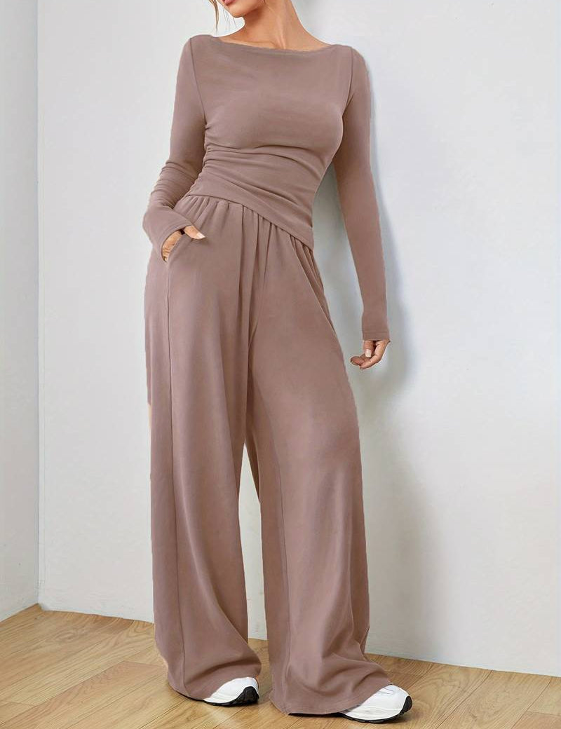 Conjunto informal de camisa de manga larga y pantalón ancho para mujer