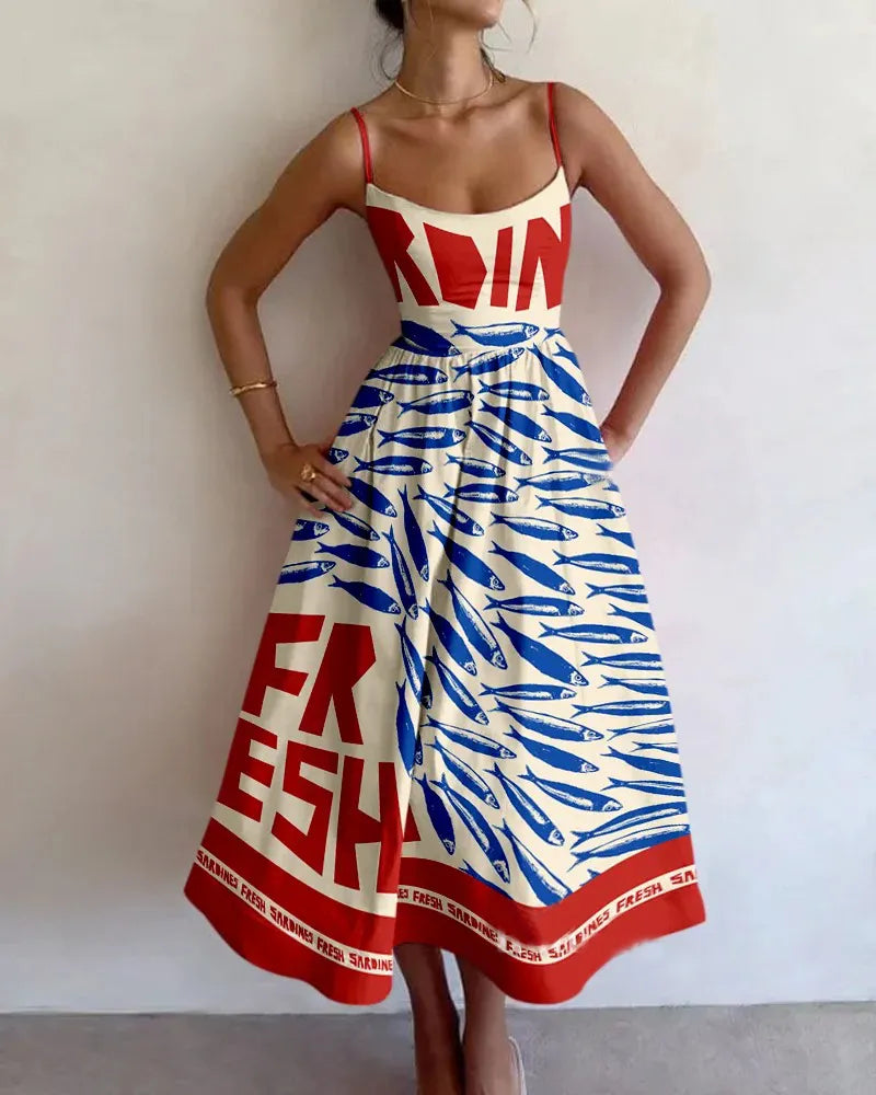 Vestido largo sin mangas para mujer con estampado abstracto de peces